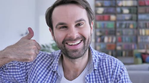 Thumbs Up By Casual Beard Man at Work Both Hands