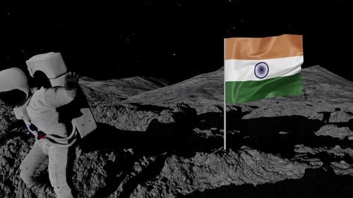 Astronaut Plants Indian Flag on Moon Surface