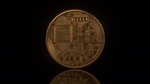 Golden Bitcoin Coin Rotating on Black Background