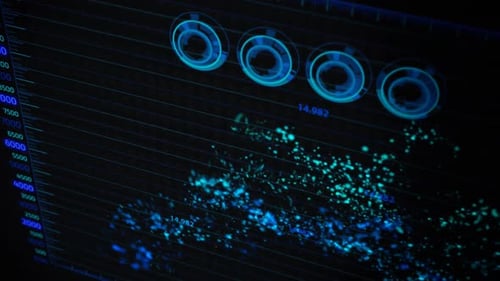 Advanced futuristic graphic interface. Displays abstract diagrams and charts.