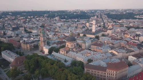 Aerial City Lviv, Ukraine. European City. Popular Areas of the City. Town Hall