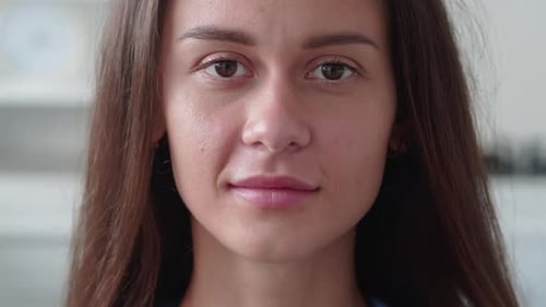 Close Up Portrait of Attractive Woman Smiling Brunette Confident Pretty Ooking at Camera