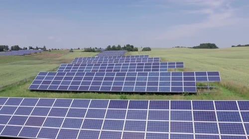 Ecology solar power station panels in the fields green energy at sunset landscape electrical innovat