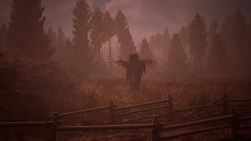 Terrible Scarecrow in Dark Cloak and Dirty Hat Stands Alone in Autumn Field