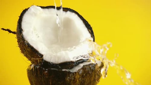Water Pouring Over a Fresh Cracked Coconut