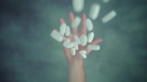 Hand Throwing Up Handful of Medicines Above Green Table