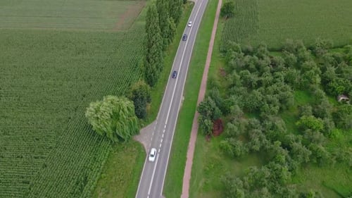 Aerial View of Cars Moving on Road Through Agricultural Fields