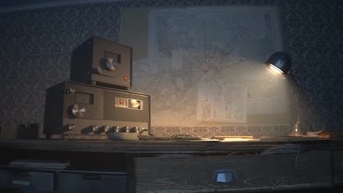Retro room with vintage radio station standing on the desk under obsolete lamp.
