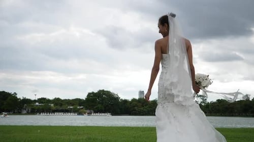Slow motion Of Wedding Bride Happy Fun walking and running in the park