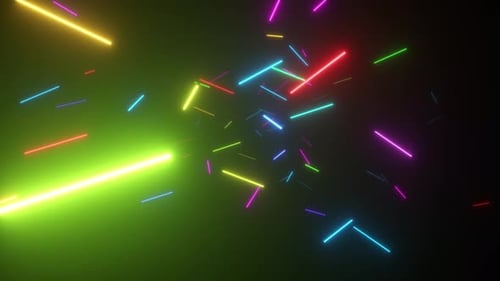 Unendlicher Flug im Weltraum zwischen fluoreszierenden Neonlampen