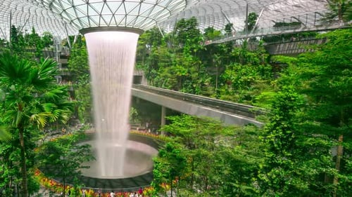 Time lapse Waterfall at Shopping mall Jewel in Changi Airport.