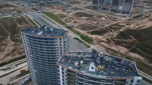 Construction of modern multi-storey buildings. Construction of a new city block.