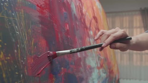 Hand Painting Abstract Artwork on Canvas with Brush