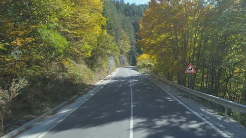 Drone Flying Above Asphalt Mountain Road. Tree Shadows on the Road