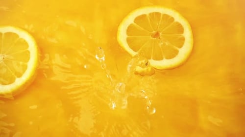 Sliced Lemons Falling into a Yellow Liquid