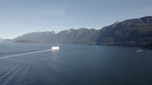 Aerial view of a vessel sailing in Canadian ocean, British Columbia Ferry Services in Vancouver, cr