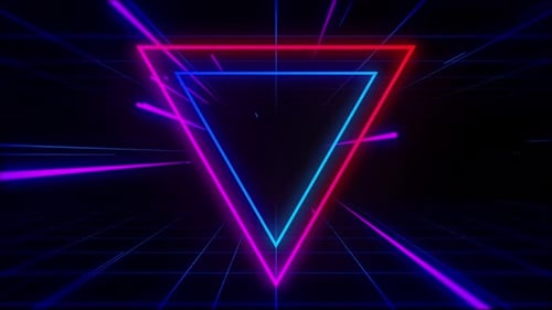 Retro Futuristic Neon Triangles Tunnel with Moving Grid