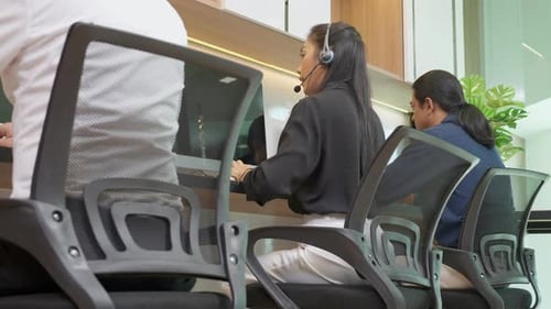 Customer service with friendly, man and woman call center and operator for support client.