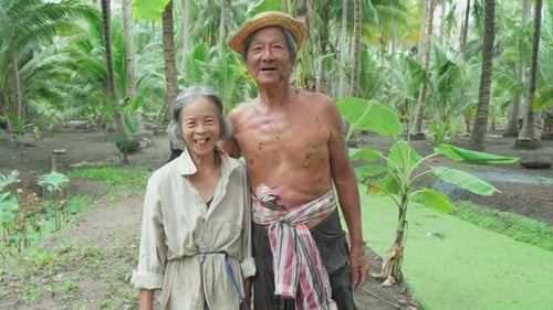 Portrait of Asian senior elderly couple farmer working in the coconut farm and look at camera.
