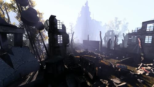 Post-Apocalyptic City Street with Ruined Buildings