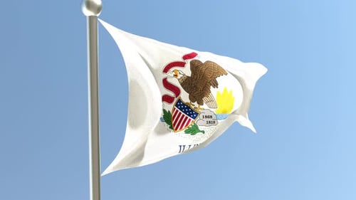 Illinois State Flag Waving on Flagpole with Blue Sky