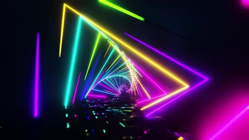 Volando a través de triángulos multicolores pintados con luz. Animación en bucle infinito.