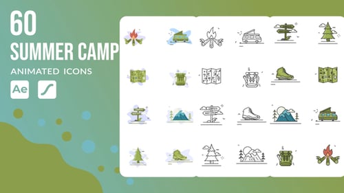 60 animierte Sommercamp-Symbole | After Effects-Vorlage und Lottie-Animation