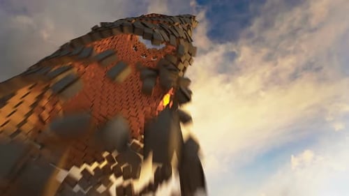 Reversed animation of two old round medieval fortified towers collapsing.