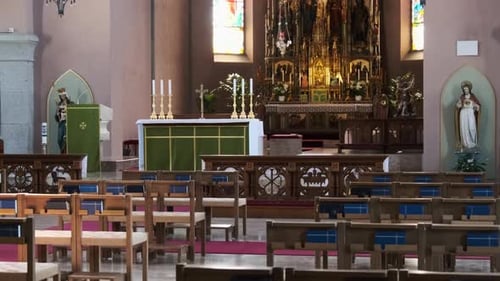 Empty Catholic Cathedral Inside Wooden Benches for Prayers Church Interior