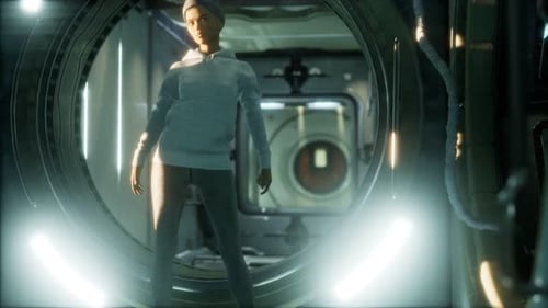 3D Digital Humanoid Figure in Sci-Fi Spaceship Corridor