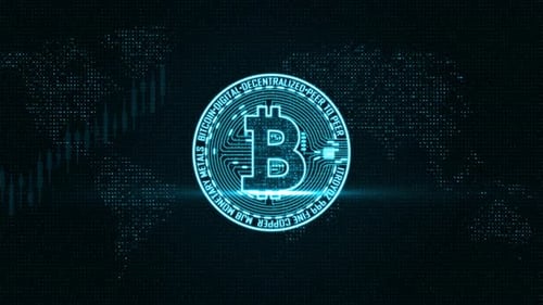 Futuristic Digital Bitcoin Cryptocurrency Logo with Glowing Neon Effect