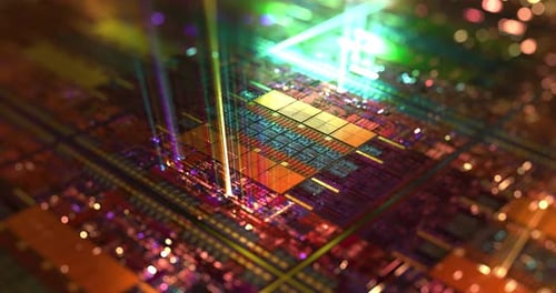 Computerchip auf Siliziumwafer mit leuchtenden Lichtern