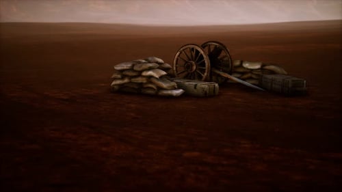 3D Rendered Old Cannon and Sandbags in Desert Landscape