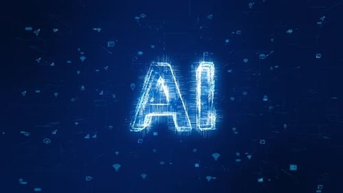 Blue particle AI logo with futuristic technology icon on abstract background