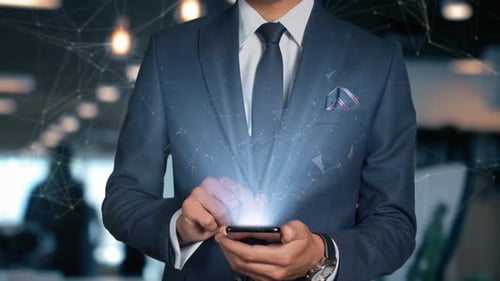 Businessman With Mobile Phone Opens Hologram Hud Interface And Touches Word Technology