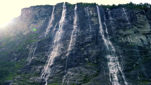 Geiranger fjord, Waterfall Seven Sisters. Beautiful Nature Norway Natural Landscape