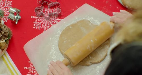 Flat Lay. Step By Step. Rolling Out Gingerbread Cookie Dough To Bake Christmas Cookies.
