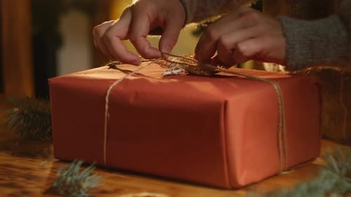 Hands Tying Christmas Gift with String and Snowflake