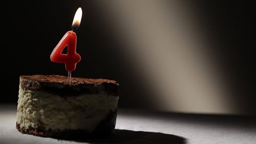 Birthday Cake With Number 4 Candle Lit
