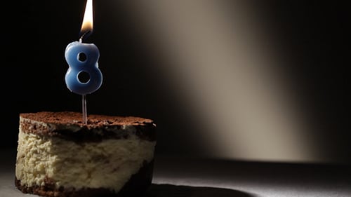 Birthday Cake with Lit Number Eight Candle