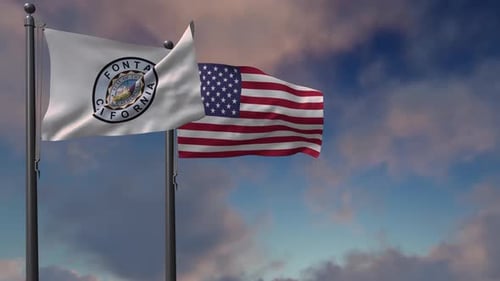 Fontana California City and United States Flags Waving Against Blue Sky