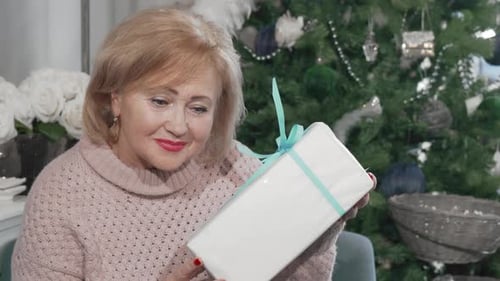 Woman Holding Christmas Gift in Festive Home