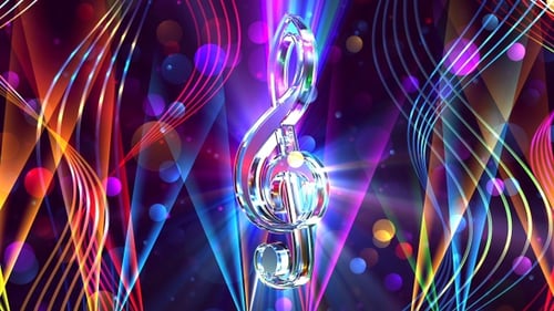 Rotating Glass Treble Clef with Colorful Neon Lights and Bokeh