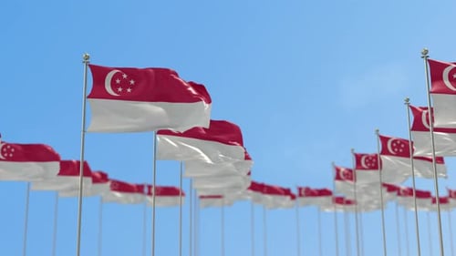 Singapore Flags Waving on Poles Against Blue Sky