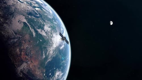 Space Satellite Orbiting Planet Earth with Moon Background