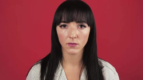 Portrait Young Woman 30s Years Old in White Shirt Isolated on Red Wall Background in Studio