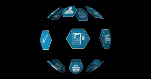 Rotating Hexagonal Medical Icons Sphere Digital Animation