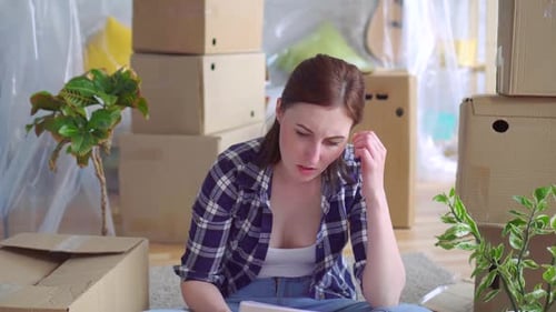 Portrait Tired Young Woman Among the Boxes To Movereads the Eviction Order Document Money Problem