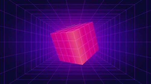 Retro 3D Cube Rotating in a Neon Grid Tunnel