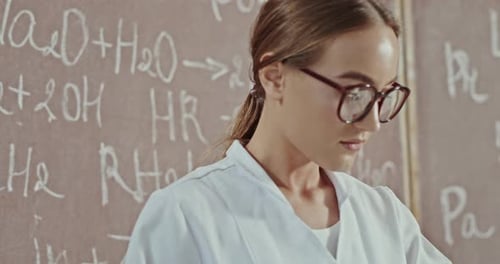 Woman Scientist Looking at Chemical Equations